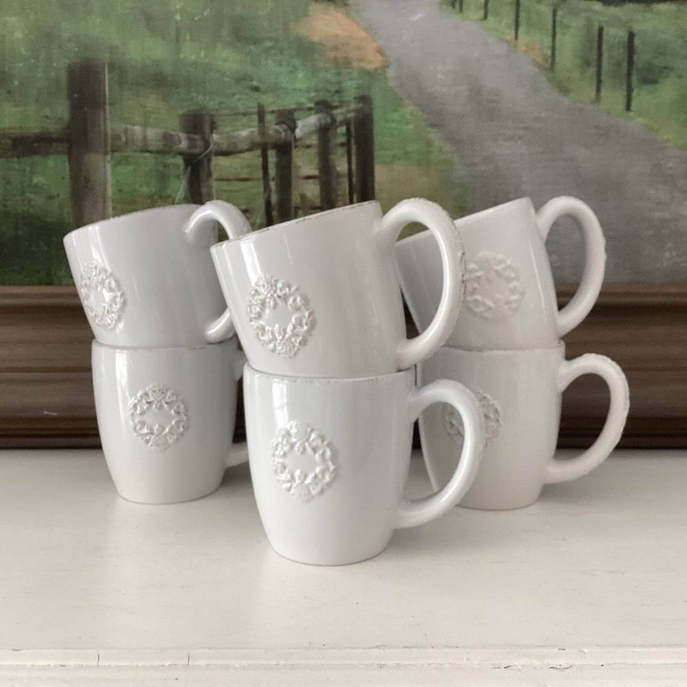 Share 6 Simply Shabby Chic Chateau Mugs Set White Grapevine Embossed Coffee Cups